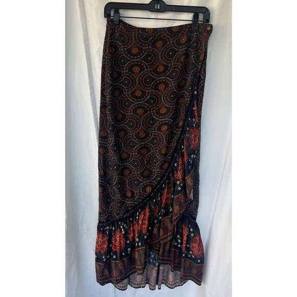 Farm Rio Mermaid Skirt Small Brown Abstract Ruffled Cordoba Wrap Boho Western - Picture 6 of 12